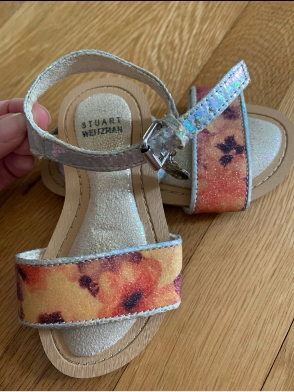 Stuart Weitzman Kids Floral Orange and Silver Sandals